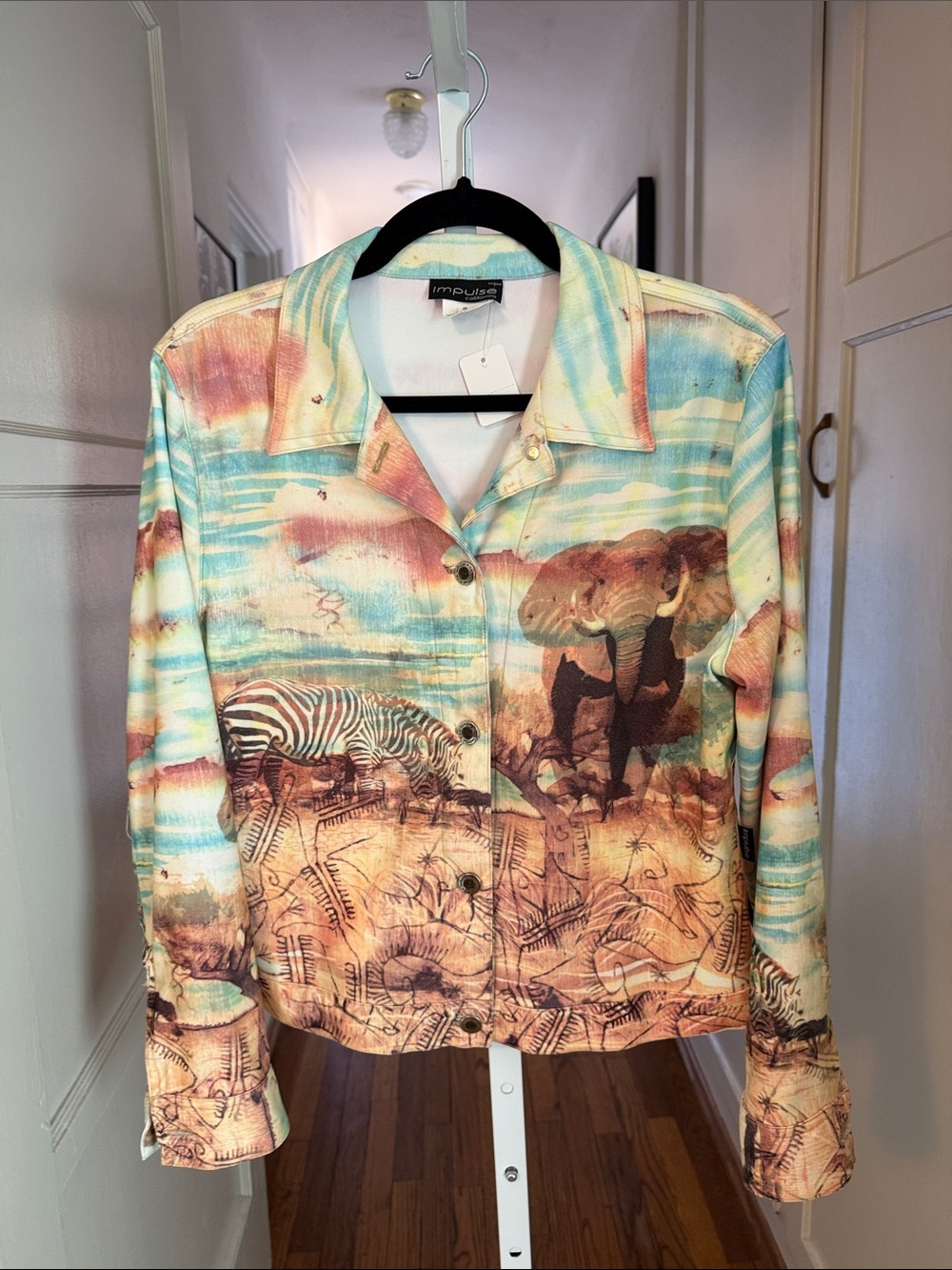 Impulse California Safari Print Button-Up Jacket in Aqua & Tan
